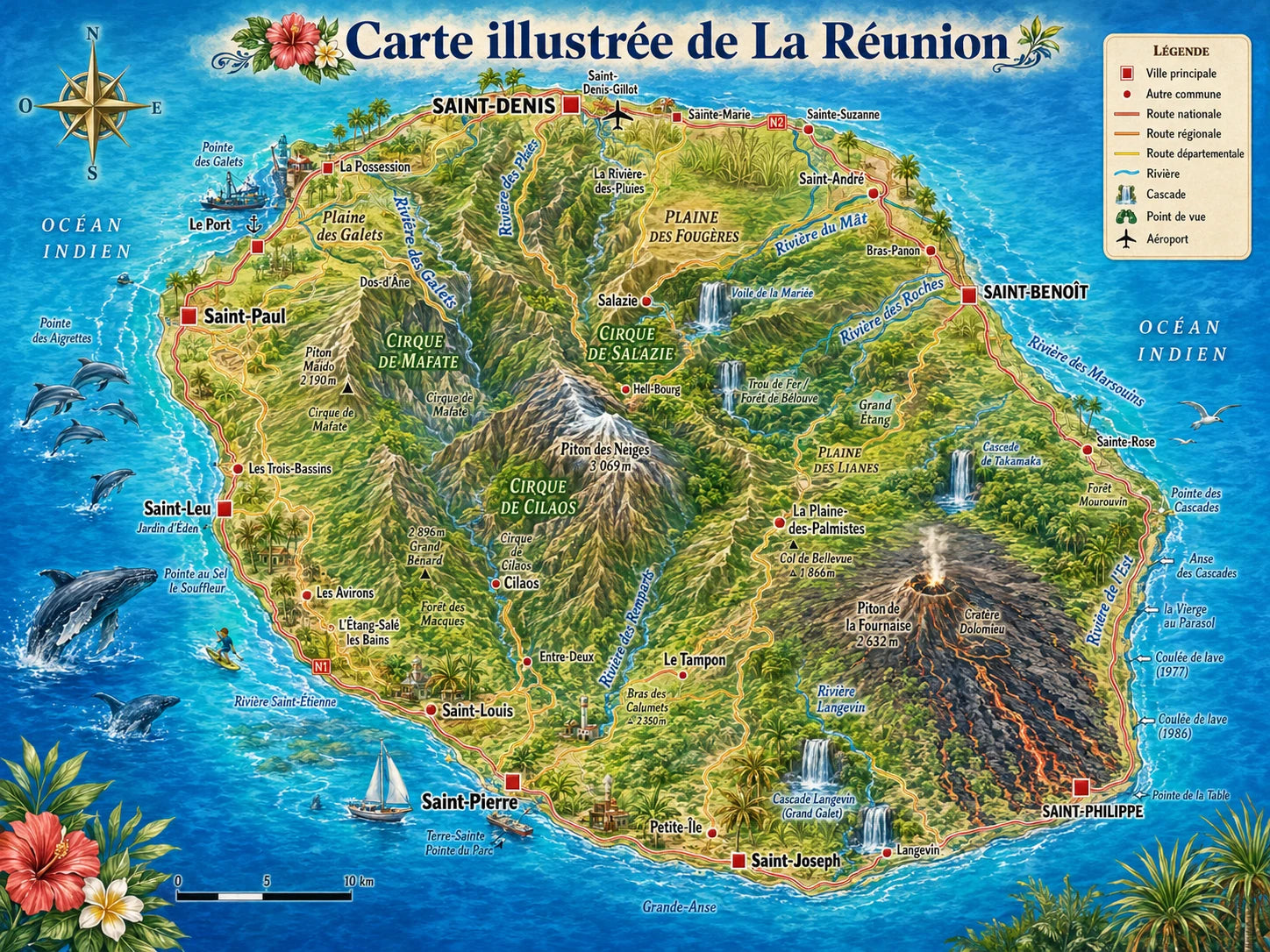 Carte illustr&eacute;e de La R&eacute;union avec ses communes, cirques, cascades et volcans